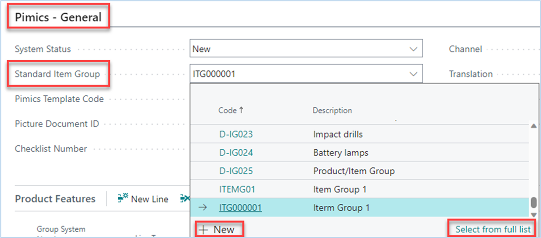 Standard item group selection